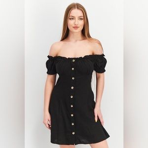 Black Button Down Plain Mini Dress with ruffle sleeves